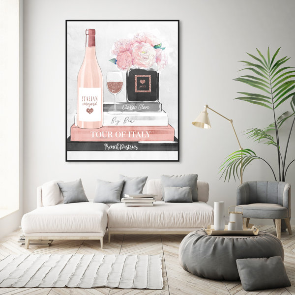 Oliver Gal Rosegold Library, Italian Wine Library Glam Pink Framed On  Canvas Print